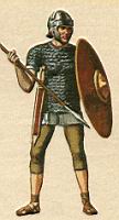 Rome, Soldat, Hastaire vetu de cotte de mailles, avec le pantalon emprunte aux gaulois.jpg